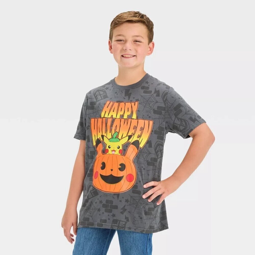 NWT Pokemon Pikachu Happy Halloween Shirt Boys Medium Gray Orange Yellow Hybrid